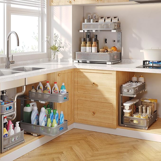 1 Pack 15.7IN-Depth Under Sink Organizer With Smooth Cylindrical Rail,2-Tier Pull Out Multi-Purpose Cabinet Storage for Bathroom&Kitchen,Height Adjustable,Rust-resistant Coating-Gun Gray