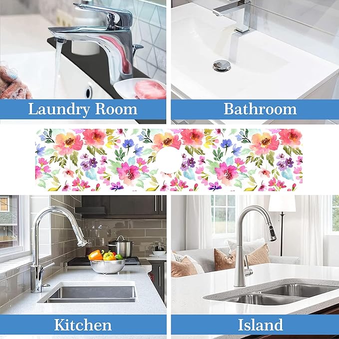 Watercolor Floral Faucet Mat Splash Guard Purple Pink Meadow Flower, Soft Diatom Mud Material, Strong Water Absorption, Non-slip,Easy to Clean for Bathroom, Kitchen 23.5"X5.5"