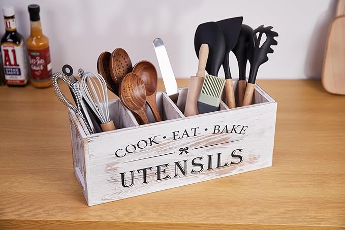 Utensil holder for Kitchen Counter Large Round Utensils Holder with Wooden Base Matte Black Cooking Utensil Holder,Kitchen countertop Utensil Organize (White-4 Compartments)