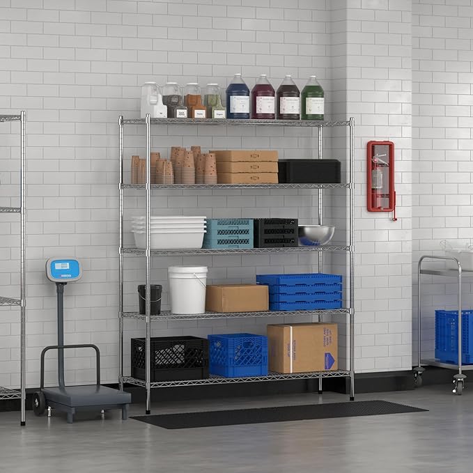 Commercial NSF Listed Chrome Stationary Wire Shelving Kit 18" x 60" x 74", with 5 Shelves Perfect for Warehouse, Walk-in Refrigerator, Freezer, Grocery Store, Restaurant, Dishroom
