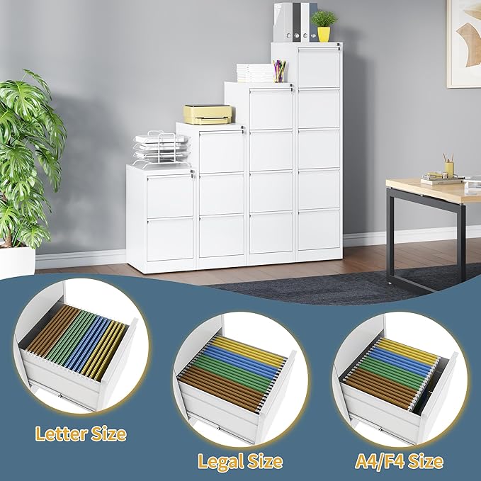 2 Drawer File Cabinet with Lock, Vertical Filing Cabinets for Home Office, Metal Storage Cabinets, Heavy Duty File Cabinet for Letter/Legal/A4/F4 Size Amsseble Required, White