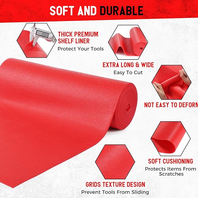Tool Box Liner Foam Mat, Toolbox Drawer Liner Foam Mat Thickened Durable Non Slip Pad for Protecting Tools,Kitchen Cabinets,Garage, Work Surfaces,Shelves, 24" W x 288" L, Red