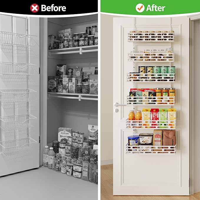 Over the Door Pantry Organizer - 6 Tier Adjustable Pantry Organization and Storage, Hanging Basket Wall Spice Rack Seasoning Shelves, Home & Kitchen Bedroom Bathroom, White