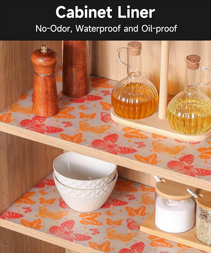 Shelf Drawer Liner for Kitchen Cabinets Non Adhesive - Thickened Waterproof Easy to Clean Washable Shelf Paper for Dresser, Pantry, Cupboard (Red Butterfly, 17.7" W x 197" L)