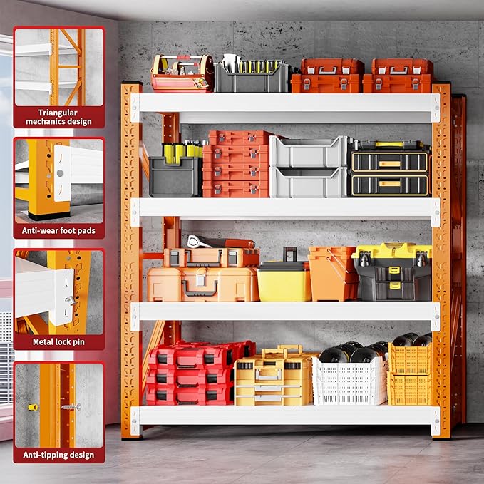 59" W Garage Shelving 3000LBS Garage Shelving Heavy Duty 4-Tier Metal Storage Shelves Adjustable Shelf Unit Storage Rack for Basement Supermarket Warehouse 59" W x 20" D x 78" H Orange-White