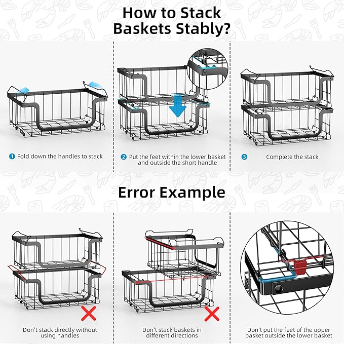 Deep freezer organizer bins-Fit 10 to 20 Cu.FT,4Pcs stackable wire baskets for freezer,Vegetable Fruit Basket,kitchen countertop organizer,U-shaped front opening,Black,15.94"L ×13"W ×8"H