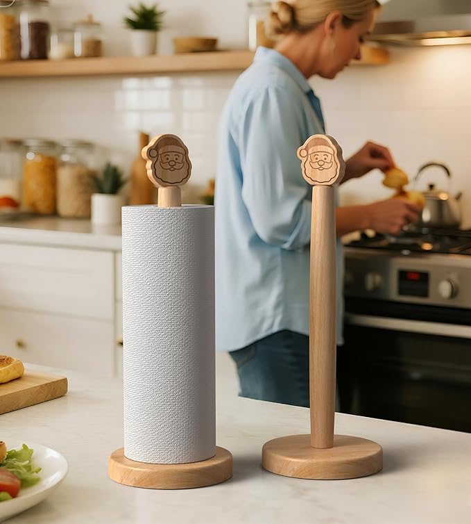 Christmas Wooden Paper Towel Holder Stand - Kitchen Paper Hanger Rack Winter Xmas Decoration Bathroom Towel Roll Stand Simply Standing Countertop Paper Roll Holder, Santa Design