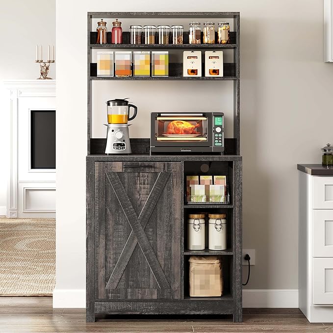 YITAHOME 6-Tier Rustic Oak Pantry Cabinet with Trash Can Bin & Charging Station, Tall Kitchen Storage with Adjustable Shelves for Microwave & Coffee Bar, Freestanding Storage Organizer