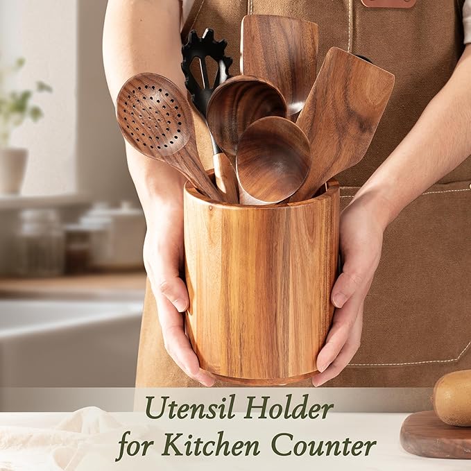 Criusia Utensil Holder 2 Pack, 360° Rotating Acacia Wood Cooking Utensil Crocks for Kitchen Counter, Farmhouse & Modern Decor, (1 Large,1 Small)