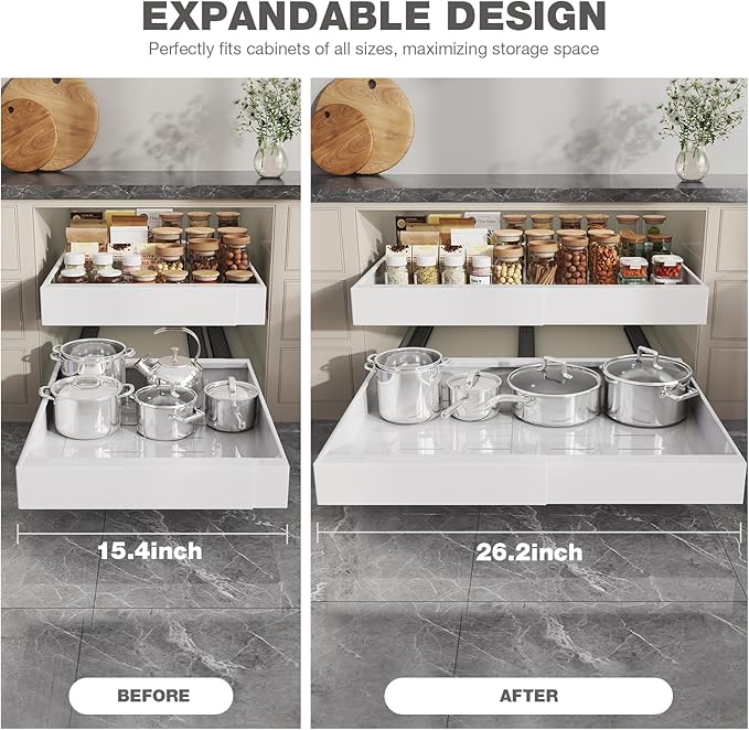 4 Pack Pull Out Cabinet Organizer 21" Deep,Full Extension 3 Slide Rails Slide Out Drawers With Raising Pad for Framed Cabinets,Expandable Width (15.4"-26.2"),No Drill Roll Out Shelves,White
