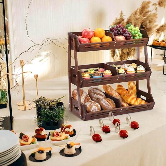 3 Tier Fruit Basket for Kitchen Counter Fruit Storage Large Wood Vegetables Basket with Banana Hooks Bowl Stand Holder Snack Organizer Countertop Onion Bread Pantry