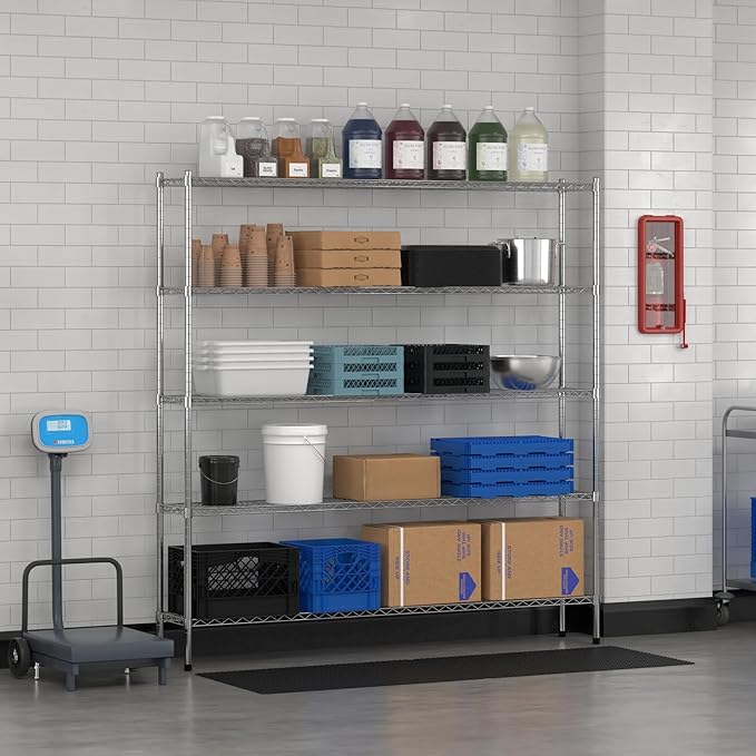 Commercial NSF Listed Chrome Stationary Wire Shelving Kit 12" x 72" x 74", with 5 Shelves Perfect for Warehouse, Walk-in Refrigerator, Freezer, Grocery Store, Restaurant, Dishroom