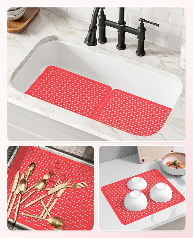 Bligli Mesh Sink Mat, 15.7 x 11.8inch Sink Prtector Mats for Kitchen Sinks, PVC Eco-Friendly Sink Protectors for Bottom of Sink, Fast Draining, Easy Cleaning, Clear Red