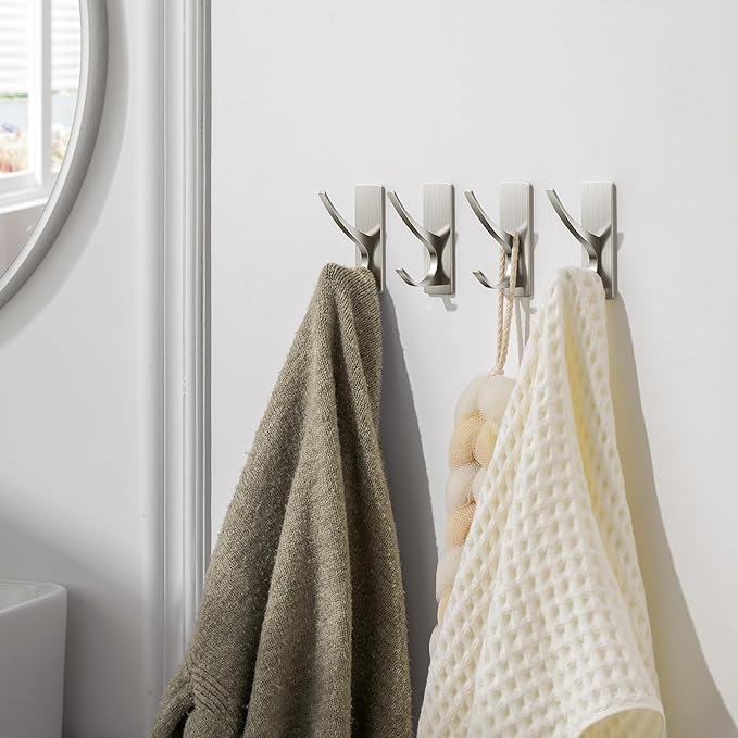 Josmimic 10 Pack Self Adhesive Towel Hooks: Extra Strong 13LB, Stainless Hook for Hanging Loofah, Towels, Coat, Bath Robe Bathroom Shower, Brushed Nickel