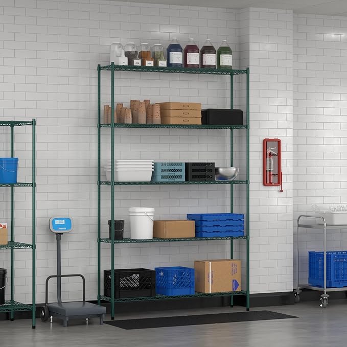 Commercial NSF Listed Green Epoxy Stationary Wire Shelving Kit 14" x 60" x 96", with 5 Shelves Perfect for Warehouse, Walk-in Refrigerator, Freezer, Grocery Store, Restaurant, Dishroom