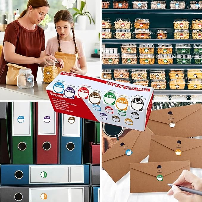 POCOSER Label Stickers for Food Containers with Dispenser Box, Removable Day Dot Food Labels Peel Tab 7 Day of The Week for Home Freezer Restaurant Supplies Week Monthly Planners Meal Prep Accessory