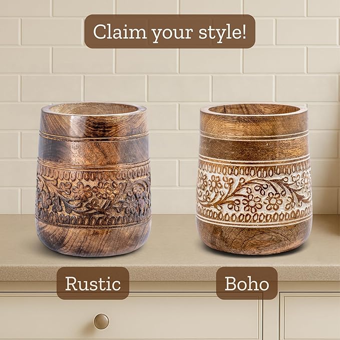 Mie Creations Rustic 7'' Large Utensil Crock Holder for Kitchen Countertop | Wooden Cooking Spatula Organizer for Party, Floral Hand carving Utensils Caddy, Vintage Kitchen Counter Decor- Dark Brown