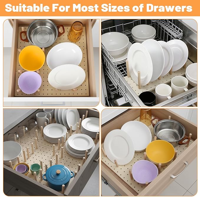 3-Pack Wood Pegboard Drawer Organizer with 24 Adjustable Pegs – Customizable Kitchen Drawer Plate & Utensil Organizer, Natural Wood