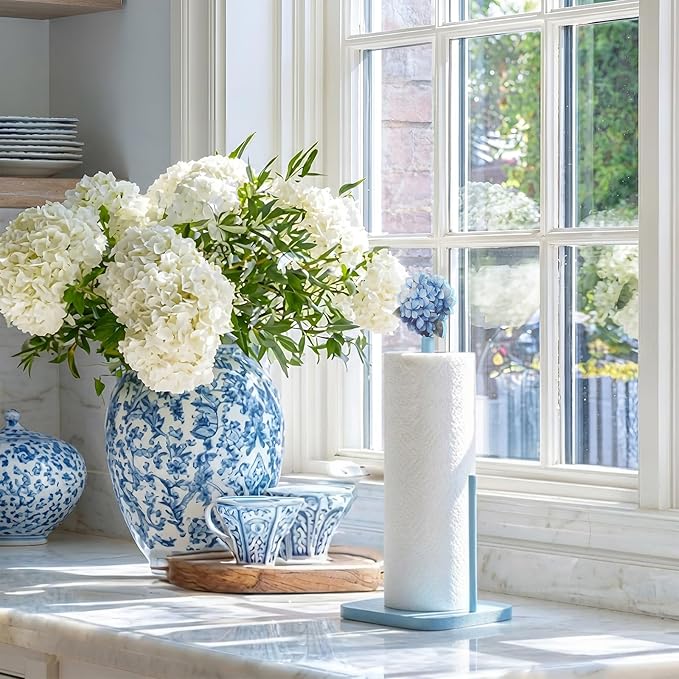 Leinuosen Blue Hydrangea Coquettish Cute Hydrangea Wooden Paper Towel Holder Blue Bathroom Countertop Accessories Kitchen Roll Stand Organizer Standing Apartment Decor Housewarming Gift