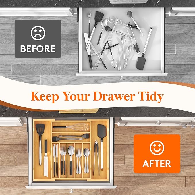 Lifewit Silverware Drawer Organizer, Expandable Utensil Tray for Kitchen, Bamboo Flatware and Cutlery Holder, Wood Adjustable Storage for Spoons Forks Knives, 31- 53 x 43cm, Natural
