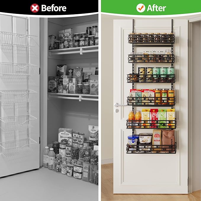 6-Tier Over The Door Pantry Organizer, Pantry Organizers and Storage, Metal Hanging Spice Rack, Over The Door Organizer for Home & Kitchen, Laundry Room Bathroom, Black