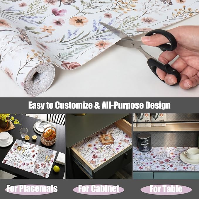 Floral Shelf and Drawer Liner for Kitchen Cabinets,16IN x 10FT Non-Adhesive and Strong Non-Slip Cabinet Drawer Liners for Kitchen Shelf, Waterproof Cupboard Liners,Easy to Clean