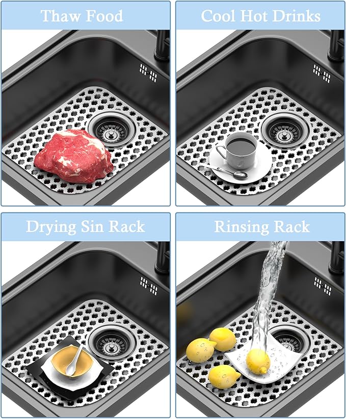 BEHOK 2 Pack Silicone Sink Protector for Kitchen Sink Bathroom, 13.58" x 11.6" Heat-resistant Sink Mat Non-Slip and Durable Silicone Protectors, Rear Drain, White