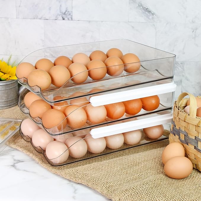 Creekview Home Emporium Egg Container for Refrigerator - Clear Stackable 3 Tier Plastic Egg Holder Drawer - 4 Dozen Capacity Farm Eggs Organization Storage Trays for Fridge or Kitchen Counter