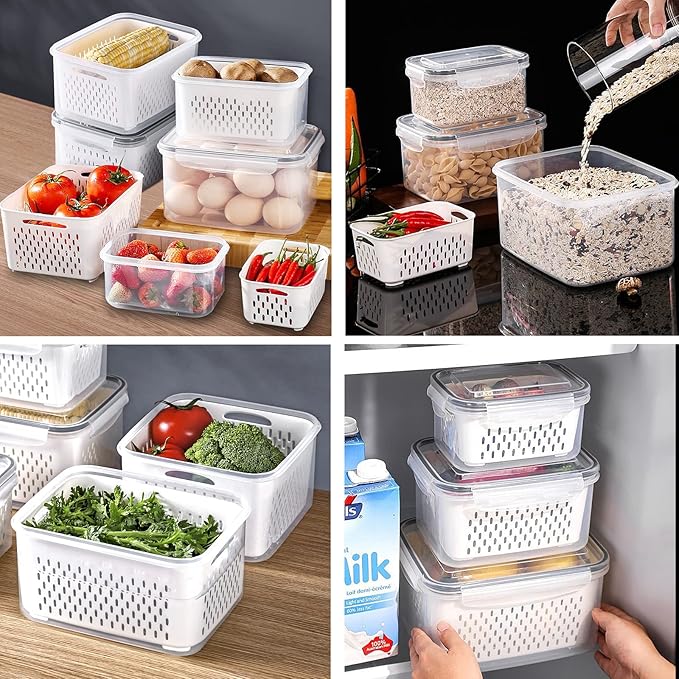 Ronanemon Large Fridge Food Storage Container Set with Lids with Strainer, Fruit Vegetable Storage Containers Keep Fruits, Vegetables, Berry, Meat Fresh longer, BPA-Free Plastic Produce Keepers
