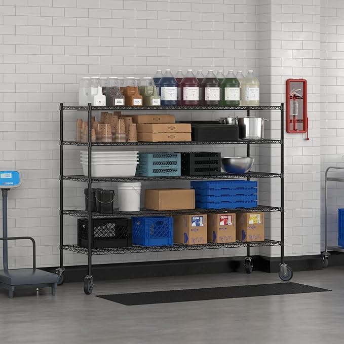 Commercial NSF Listed Black Epoxy Mobile Wire Shelving Kit 24" x 72" x 60", with 5 Shelves Perfect for Warehouse, Walk-in Refrigerator, Freezer, Grocery Store, Restaurant, Dishroom
