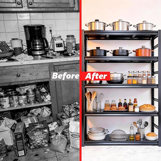 Kitchen Storage Shelves, 5 Tier Adjustable Bakers Rack, 3000Lbs Metal Shelving Storage Unit Free Standing Kitchen Shelf, Pantry Organizers and Storage, Open Industrial Shelving 47.2"W×18"D×77.4"H