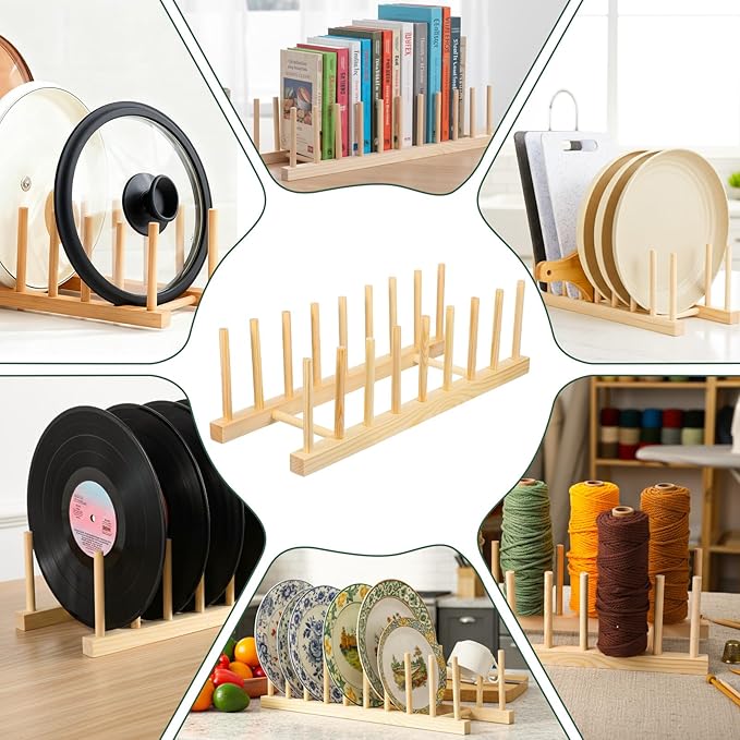 4PCS Wooden Dish Rack, Kitchen Cabinet Plate Lid Organizer Vertical Wooden Dish Drying Rack for Dish Pots Lids Cutting Boards Bowls Cups Canvas Prints Artwork Books(8 Slots)
