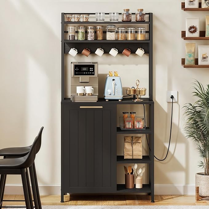 YITAHOME Black 6-Tier Pantry Cabinet with Trash Can Storage & Power Outlet, Large Freestanding Kitchen Organizer for Microwave, Coffee Bar & Dining Room, Bakers Rack with Storage