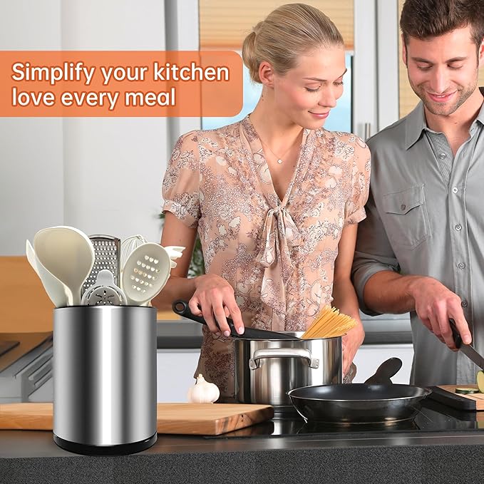 Stainless 360° Rotating Kitchen Utensil Holder Large Counter Utensil Caddy Cooking Spoon Stand Spatula Cutlery Metal Utensil (Silver)