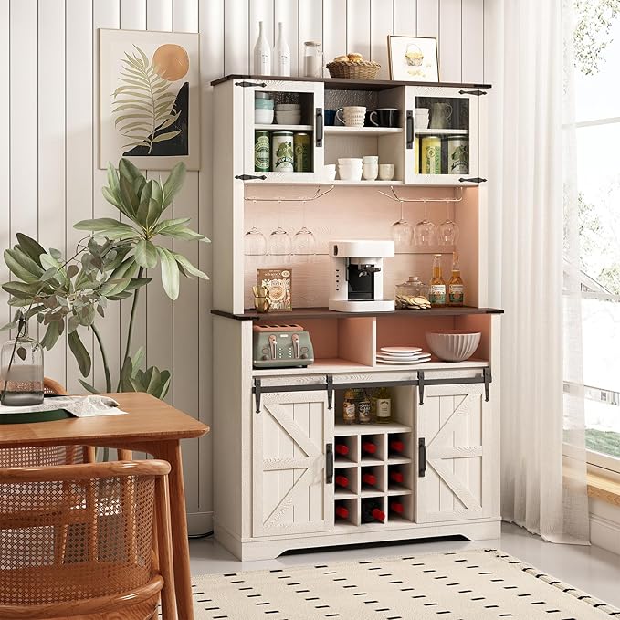 Farmhouse Coffee Bar Cabinet with Sliding Barn Door, 70" Tall Kitchen Hutch China Cabinet w/Wine Rack, Power Outlet & Lighting, Liquor bar Station Food Pantry Storage Cabinet for Home, White