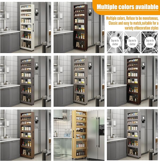 7 Tier Standing-Shelf with Wheels, 5.9/7.9/9.8'', Wooden Slim Storage Cart, Thickened Plate, Scratch-Resistant and Wear-Resistant, for Home, Kitchen, Bakers, Closet, Pantry, Dining Room