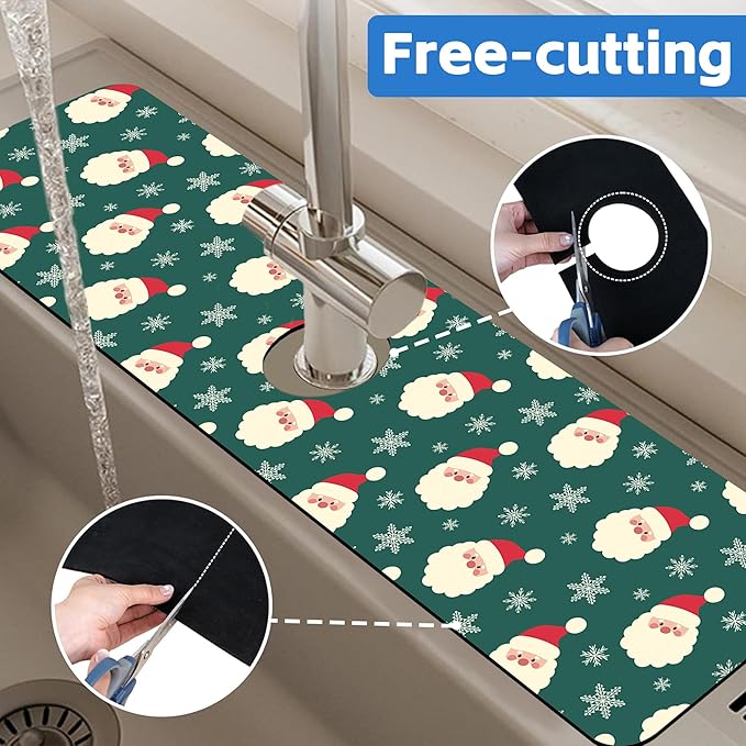 Christmas Kitchen Sink Splash Guard Mat Santa Claus and Snowflakes Sink Splash Guard Faucet Mat Draining Mat Fast Drying Sink Protectors for Kitchen and Bathroom 5.5"×24"