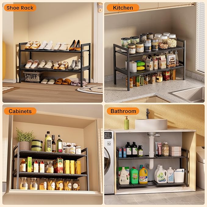 Under Sink Organizer and Storage 16.5"-30.7" Expandable Length, Adjustable Height Max16.73" Under Sink Shelf 2 Tier with Removable ABS Panels Metal Frame for Bathroom Kitchen Pantry Cabitnet Pot Pan