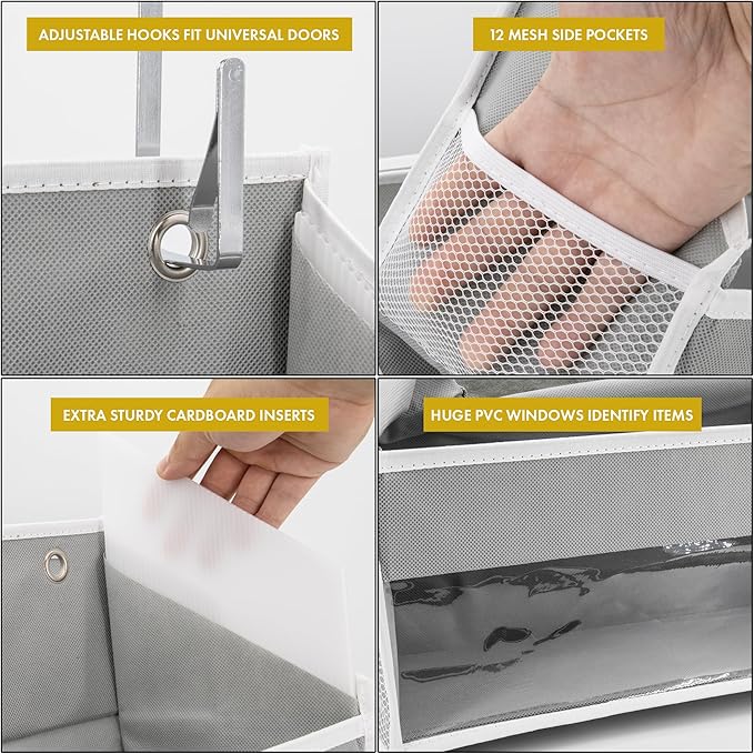 HOMELUX THEORY UPGRADED Over The Door Organizer Hanging - 100D EXTRA THICK & 50lbs HUGE CAPACITY 6Large Front & 12Side Pockets, Over The Door Shoe Organizer, Hanging Closet Organizer (Transparent 1pc)