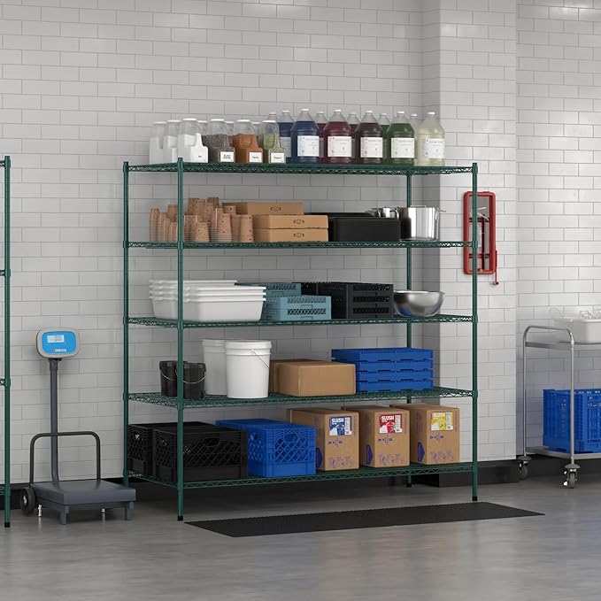 Commercial NSF Listed Green Epoxy Stationary Wire Shelving Kit 30" x 72" x 74", with 5 Shelves Perfect for Warehouse, Walk-in Refrigerator, Freezer, Grocery Store, Restaurant, Dishroom