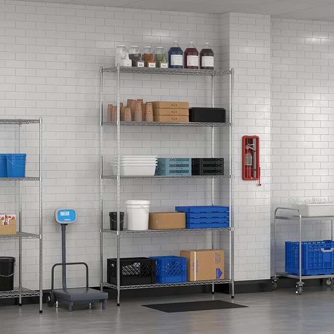 Commercial NSF Listed Chrome Stationary Wire Shelving Kit 18" x 54" x 96", with 5 Shelves Perfect for Warehouse, Walk-in Refrigerator, Freezer, Grocery Store, Restaurant, Dishroom