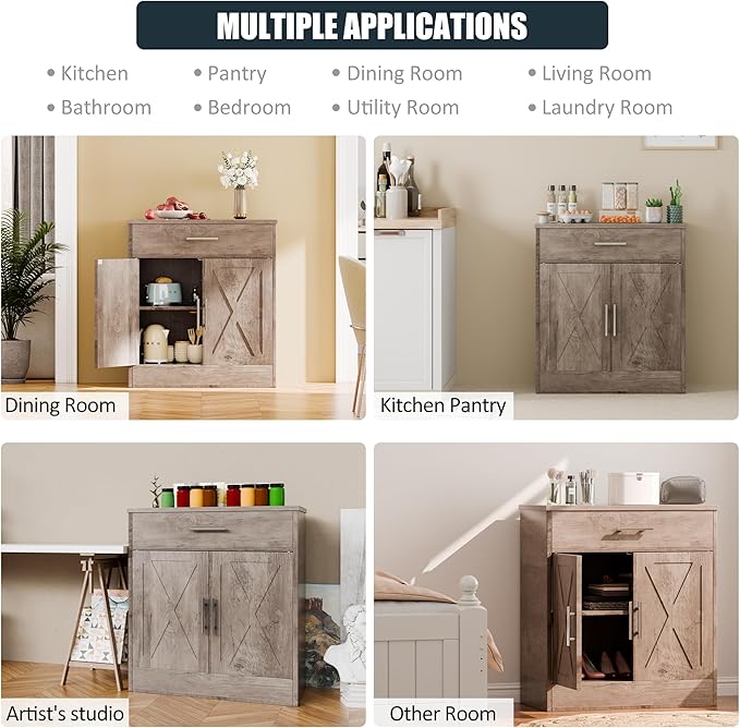 SUNLEI Kitchen Buffet Sideboard Cabinet, Farmhouse Wooden Storage Cabinet with 2 Doors & 1 Drawers, Coffee Bar Cabinet with Storage for Living Room, Adjustable Shelf, Grey