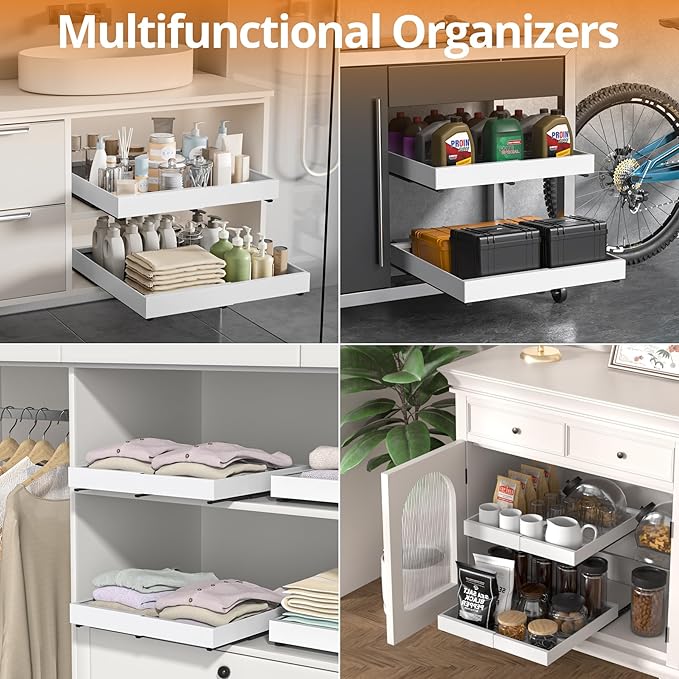 Expandable Pull Out Cabinet Organizer, 21"Deep Slide Out Drawer with Nano Adhesive, Upgrade 3 Slide Rails Roll Out Shelf for Kitchen, Pantry or Bathroom, Adjustable Width 12.4"-20.2"