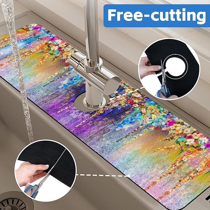 Abstract Watercolor Flowers Dish Drying Mat for Kitchen Sink Splash Guard Behind Faucet Sink Mat Absorbent Fast Drying Faucet Draining Mat for Bathroom Kitchen 5.5"×24"