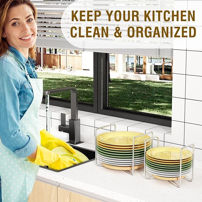 Plate Holder for Kitchen Drawers - Bamboo Dish Racks for Kitchen Counter 2Pcs Small & Large - Adjust 6.75" to 12.5" Stainless Steel Plate and Bowl Organizer for Cabinet, RV, Countertop