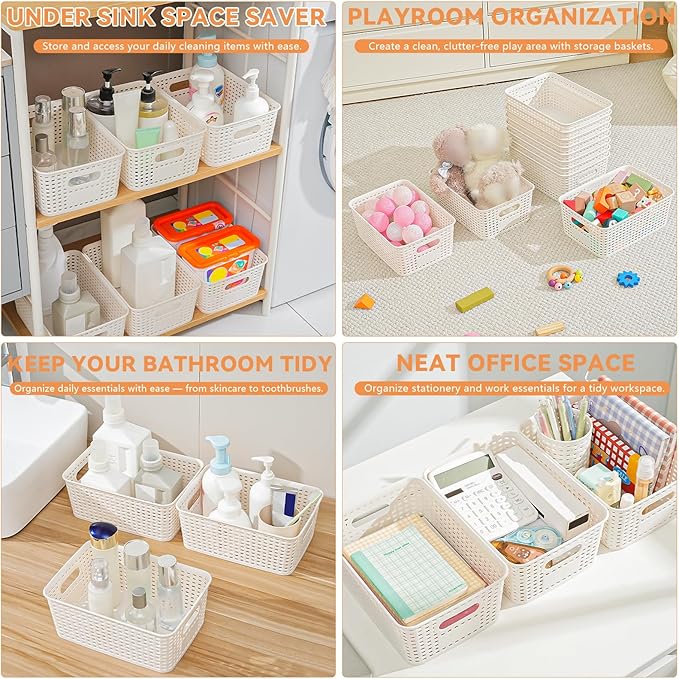 12 Pack Plastic Storage Baskets for Organizing, Storage Baskets with Handles, Plastic Storage Bins with Labels, Organizer Baskets for Kitchen, Pantry Organizers and Storage,Cabinet,Closet