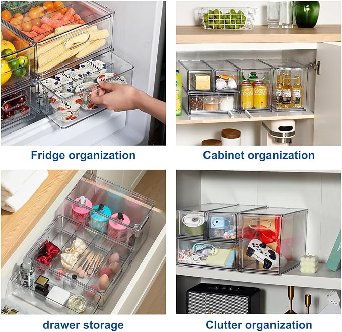 Bronkeeper Fridge Drawer Pull Out Stackable Bins, Clear Refrigerator Stackable Organizers, Fridge Organizer Storage for Kitchen, Pantry, Vegetables, Fruits (2 Tall)