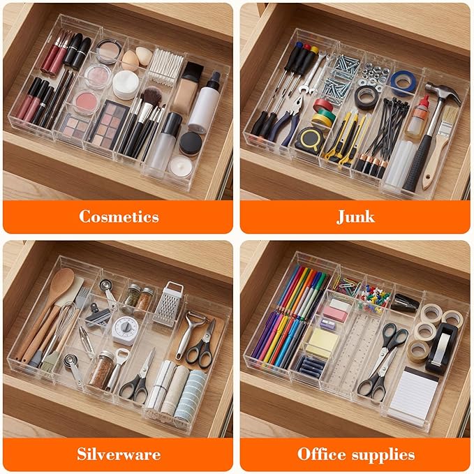 1 PC Acrylic Desk Drawer Organizer 2 Inch Height Expandable Drawer Organizer Trays with 8 Adjustable Compartments Desk Accessories for Makeup Silverware Office Bathroom(Clear,Elegant)