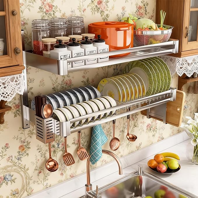 2Tier Wall Mounted Dish Drying Rack, Stainless Steel Hanging Dish Drainer with Drain Tray, Large Capacity Kitchen Storage Shelf with Utensil Cutlery Holder, for Plates Bowls & Mugs (31.5x11.8x19.7in)
