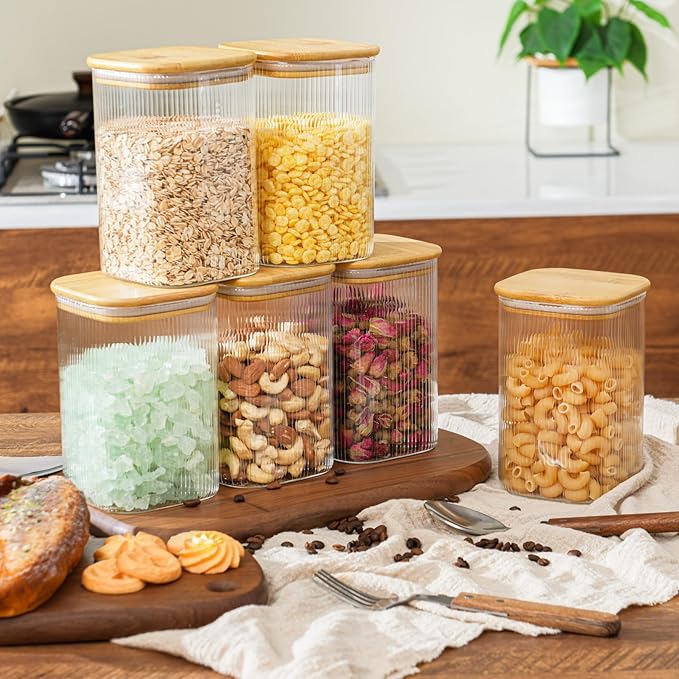 37oz Airtight Glass Square Storage Canisters with Bamboo Lids Set of 4 (1100ml) Striped Stackable Containers, Decorative Kitchen Jars for Tea, Nuts and Coffee (with Black Lable)